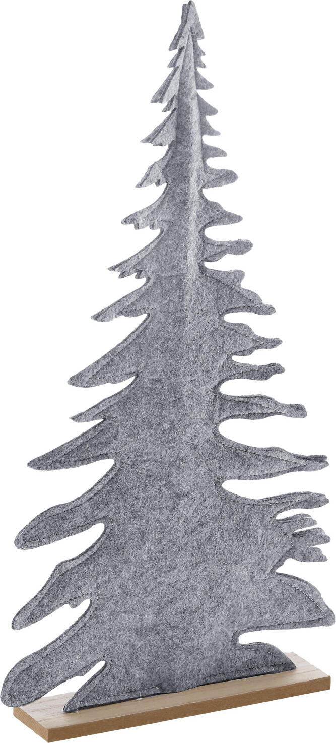 Brad de Felt LUSINI Despina, Copac Decorativ de Craciun cu Suport de Lemn, Mix de Materiale Felt și Lemn, Gri/Natural, 24 x 4 x 46 cm