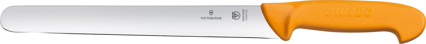 Victorinox Victorinox AG Ham knife Swibo straight Schinkenmesser Swibo gerade Ham knife Swibo straight; Blade length 30 cm, 42.8 cm (L); silver/orange Schinkenmesser Swibo gerade; Klingenlänge 30 cm, 42.8 cm (L); silber/orange SWIBO A SIGNAL COLOR SETS THE TONE - Special handle shape for even more safety when cutting - Precision for perfect cuts - Highly visible handles in signal color The Swibo collection stands for optimum safety in the kitchen. When things get busy at work, knives can often be lost or misused. That's why these knives have a bright orange handle that simply catches the eye. The sharp, polished blade easily masters any kitchen task, but is protected by the handle, which is slightly wider at the transition to the blade and gives you more control and precision. A collection with a focus on safety for professional chefs and private households. Knife handle: Polyamide is extremely robust and combines exceptional rigidity with high impact resistance. It is very abrasion-resistant, has good gliding properties, can be sterilized and can withstand temperatures of up to 110°C. SWIBO EINE SIGNALFARBE GIBT DEN TON AN - Spezielle Griffform für noch mehr Sicherheit beim Schneiden - Präzision für perfekte Schnitte - Gut sichtbare Griffe in Signalfarbe Die Swibo Kollektion steht für optimale Sicherheit in der Küche. Wenn es bei der Arbeit hoch her geht, können Messer oft verloren oder zweckentfremdet werden. Deshalb haben diese Messer einen Griff in leuchtendem Orange, das einfach ins Auge fällt. Die scharfe, polierte Klinge meistert ganz einfach jede Küchenaufgabe, wird jedoch vom Griff geschützt, der am Übergang zur Klinge etwas breiter gehalten ist und Ihnen mehr Kontrolle und Präzision an die Hand gibt. Eine Kollektion mit Fokus auf Sicherheit für Profiköche und Privathaushalte. Messer Griff: Polyamid ist extrem robust und kombiniert außergewöhnliche Steifigkeit mit hoher Schlagfestigkeit. Es ist sehr abriebfest, besitzt gute Gleiteigenschaften, kann sterilisiert werden und hält Temperaturen von bis zu 110 °C stand.