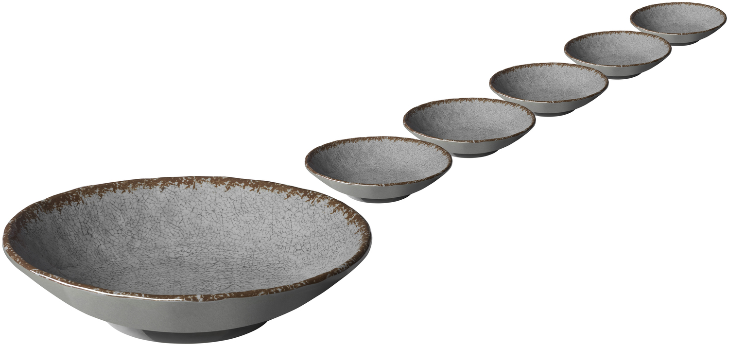 LUSINI Portage Melamine Round Bowl, High Impact and Break Resistant, Dishwasher Safe, Stackable, 1300ml, 4cm, Set of 6 pieces, Grey