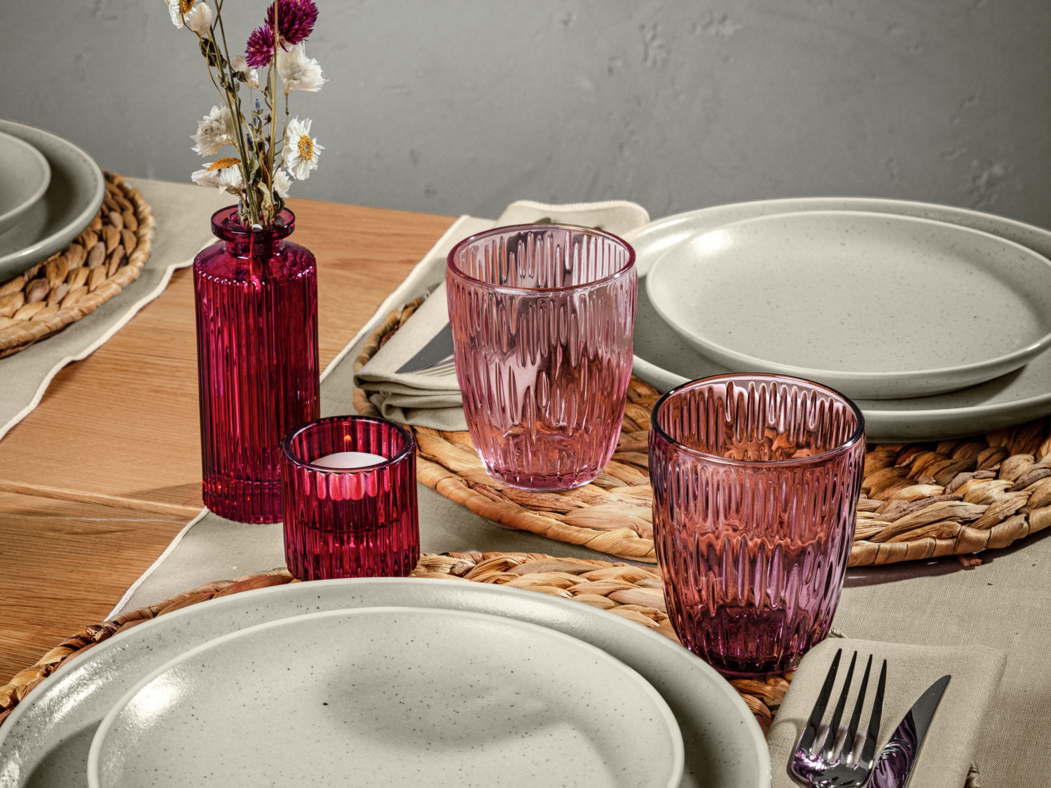 VEGA Kalea Water Glasses Set of 6, 280 ml Purple Dyed Glass with Ripple Relief Design, Dishwasher Safe, 8 cm x 9.8 cm