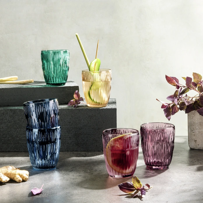VEGA Kalea Water Glasses Set of 6, 280 ml Green Dyed Glass with Ripple Relief Design, Dishwasher Safe, 8 cm x 9.8 cm