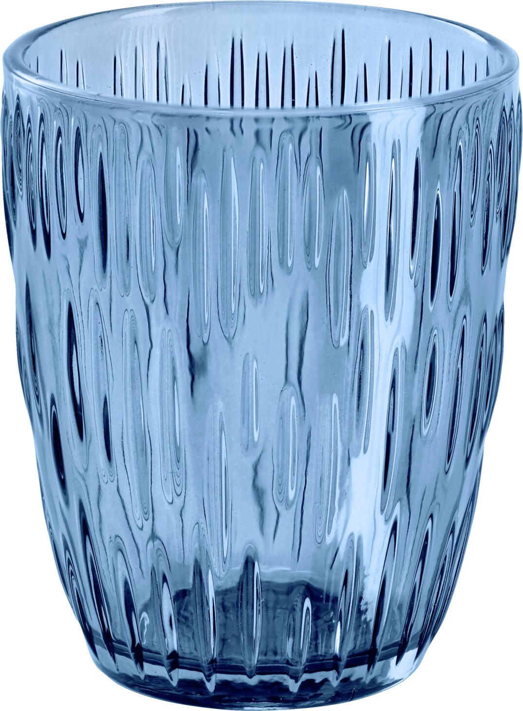 Set de 6 pahare pentru apa VEGA Kalea albastre, 280 ml din sticla colorata cu design reliefat ripple, rezistente la masina de spalat vase, 8 cm x 9.8 cm