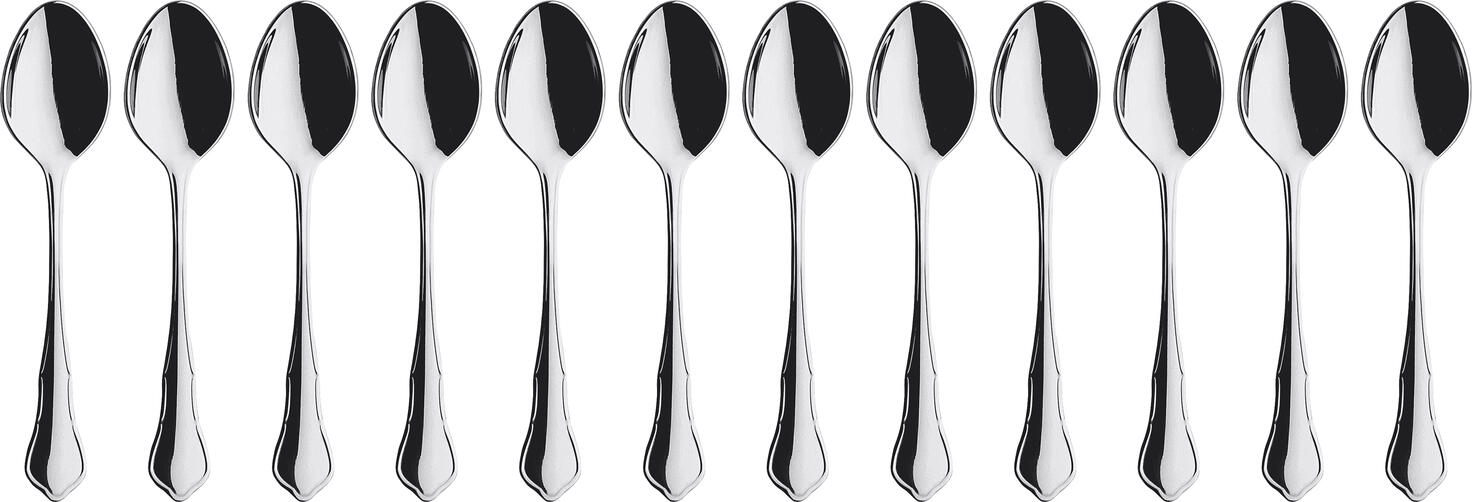 Linguri pentru espresso Pulsiva Malaga II, otel inoxidabil 18/0 cromat, finisaj oglindit, rezistente la rugina, 11.2 cm, set de 12 piese
