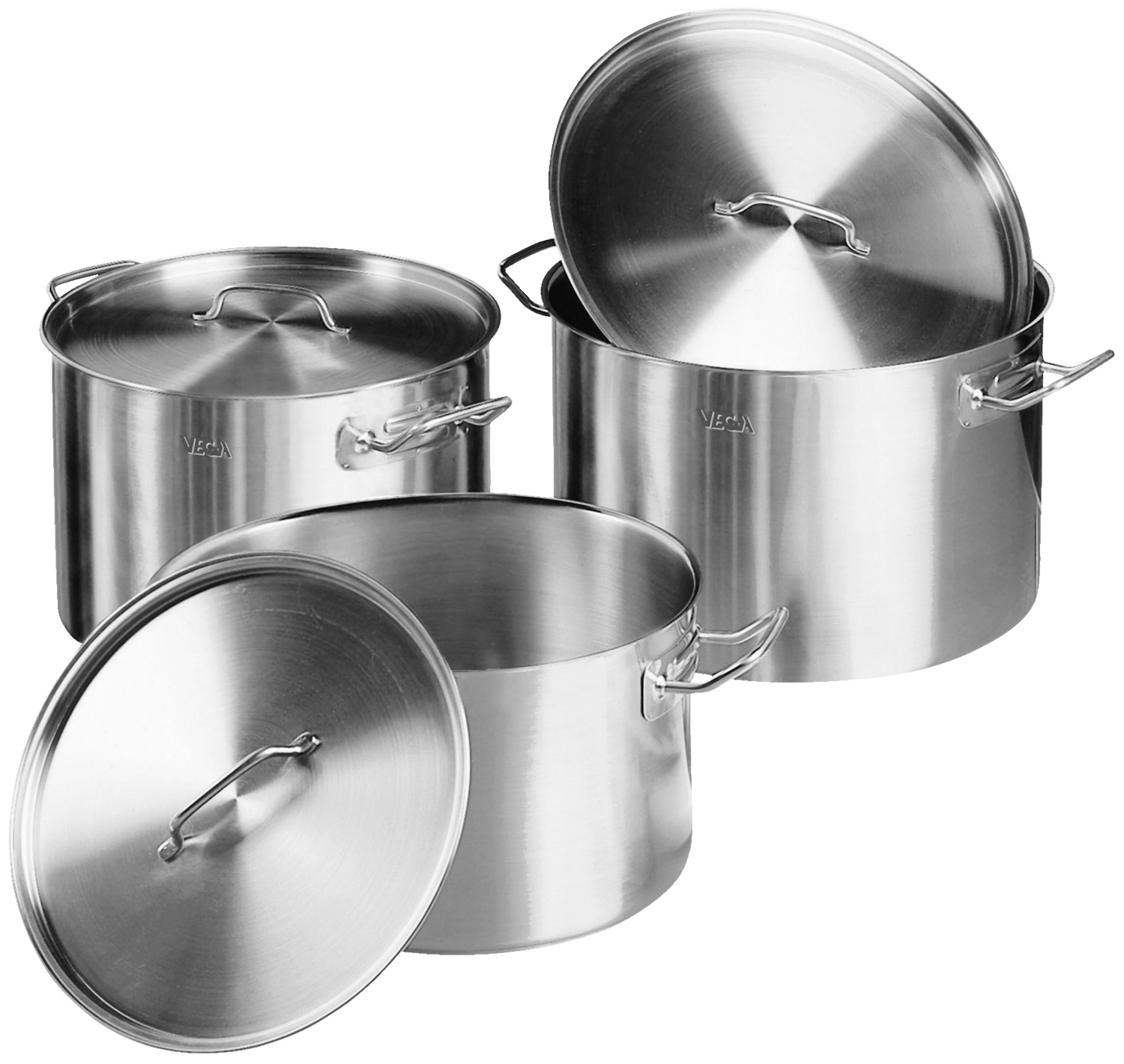VEGA LUSINI Solutions GmbH Cookware set Professional 6-piece Kochtopf-Set Professional 6-teilig Cookware set Professional 6-piece; silver Kochtopf-Set Professional 6-teilig; silber Professional pot set made of chrome-nickel stainless steel 18/10, pot body matt brushed. Stainless steel bottom with 6 mm aluminum in sandwich technique for optimal heat conduction and storage. Spot-welded, solid handles. With pouring rim for drip-free pouring. Suitable for all types of stoves. Suitable for dishwasher. The set includes three cooking pots, each with matching lid. Contents and dimensions of the pots: 11L: 30x19 cm (ØxH); 15L: 34x21 cm (ØxH); 20L: 40x22.5 cm (ØxH). Profi-Topf-Set aus rostfreiem Chrom-Nickel-Edelstahl 18/10, Topfkörper matt gebürstet. Edelstahlboden mit 6 mm Aluminium in Sandwich-Technik für optimale Wärmeleitung und -speicherung. Punktgeschweißte, massive Griffe. Mit Schüttrand zum tropffreien Ausgießen. Für alle Herdarten geeignet. Spülmaschinengeeignet. Das Set beinhaltet drei Kochtöpfe mit jeweils passendem Deckel. Inhalt und Maße der Töpfe: 11L: 30x19 cm (ØxH); 15L: 34x21 cm (ØxH); 20L: 40x22,5 cm (ØxH).