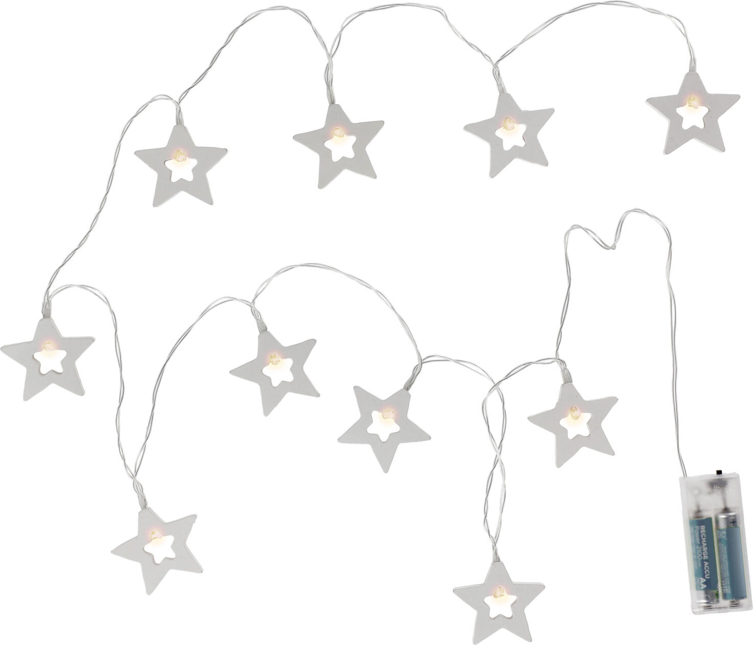 Vega Stary LED Fairy Lights, 140 cm White Christmas Decoration with 10 Stars, Battery Operated, Plastic and Wood Material Mix