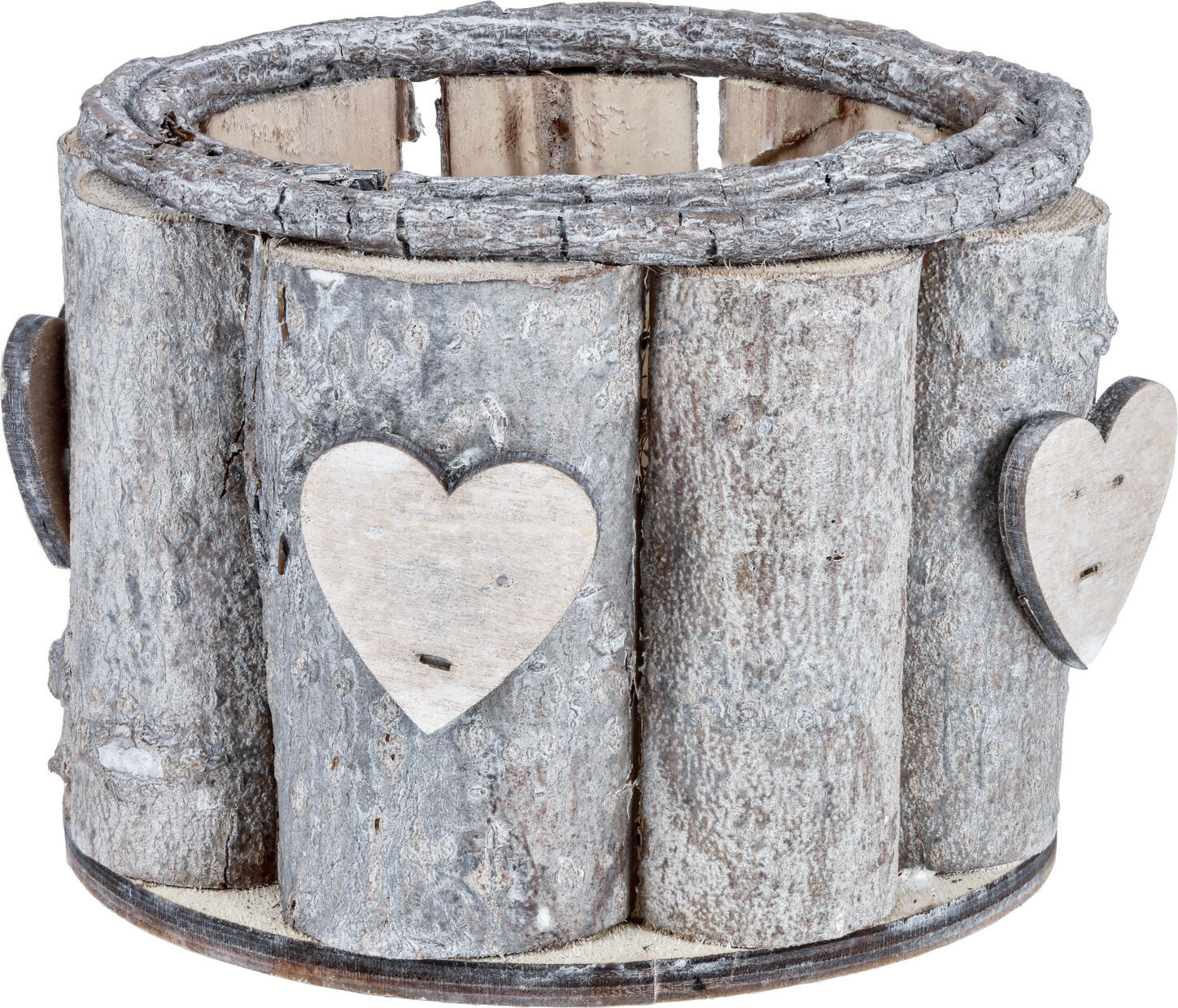 Set de 2 piese Felinar din lemn Vega Avai, Rotund, Maro, cu scoara de copac si elemente decorative in forma de inima, 14x11 cm
