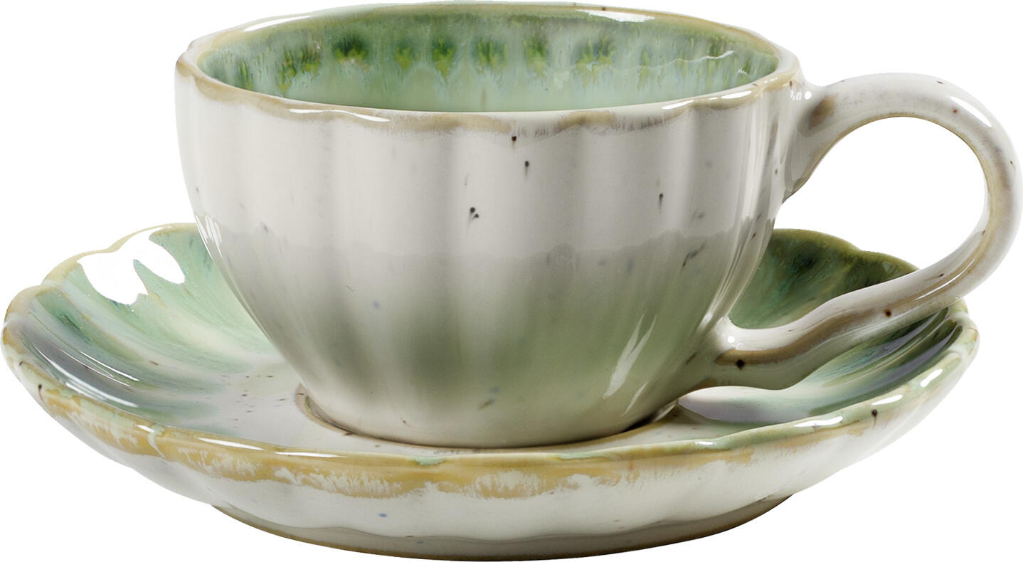 Farfurii pentru espresso Vega Flora, Set de 6 piese, Porțelan verde/bej, Design rotund floral, 12.5x2.1 cm, Compatibile cu mașina de spălat vase și cuptorul cu microunde