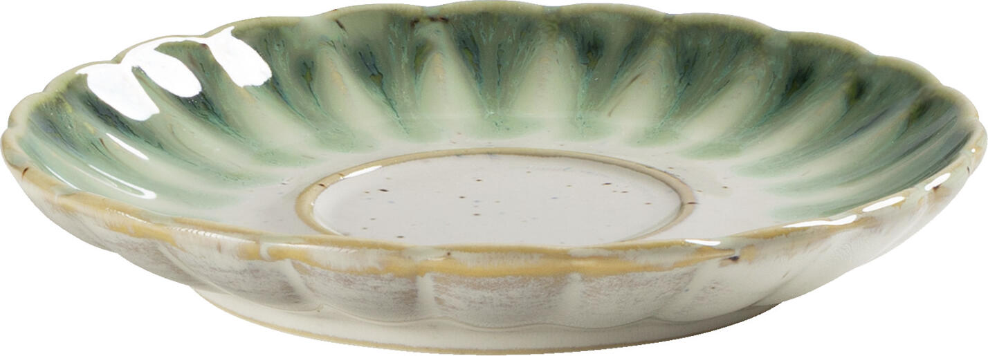 Farfurii pentru espresso Vega Flora, Set de 6 piese, Porțelan verde/bej, Design rotund floral, 12.5x2.1 cm, Compatibile cu mașina de spălat vase și cuptorul cu microunde