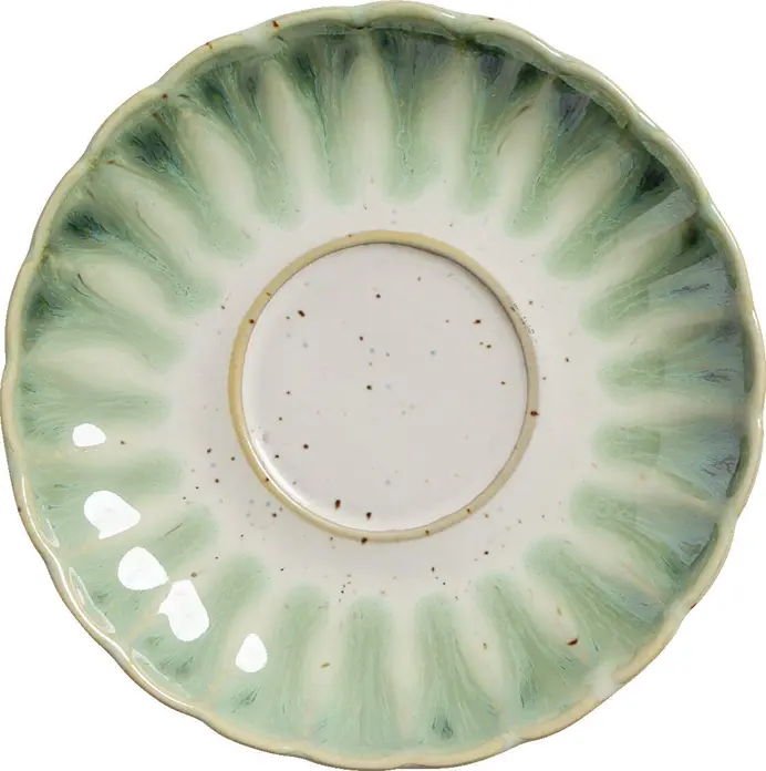 Farfurii pentru espresso Vega Flora, Set de 6 piese, Porțelan verde/bej, Design rotund floral, 12.5x2.1 cm, Compatibile cu mașina de spălat vase și cuptorul cu microunde