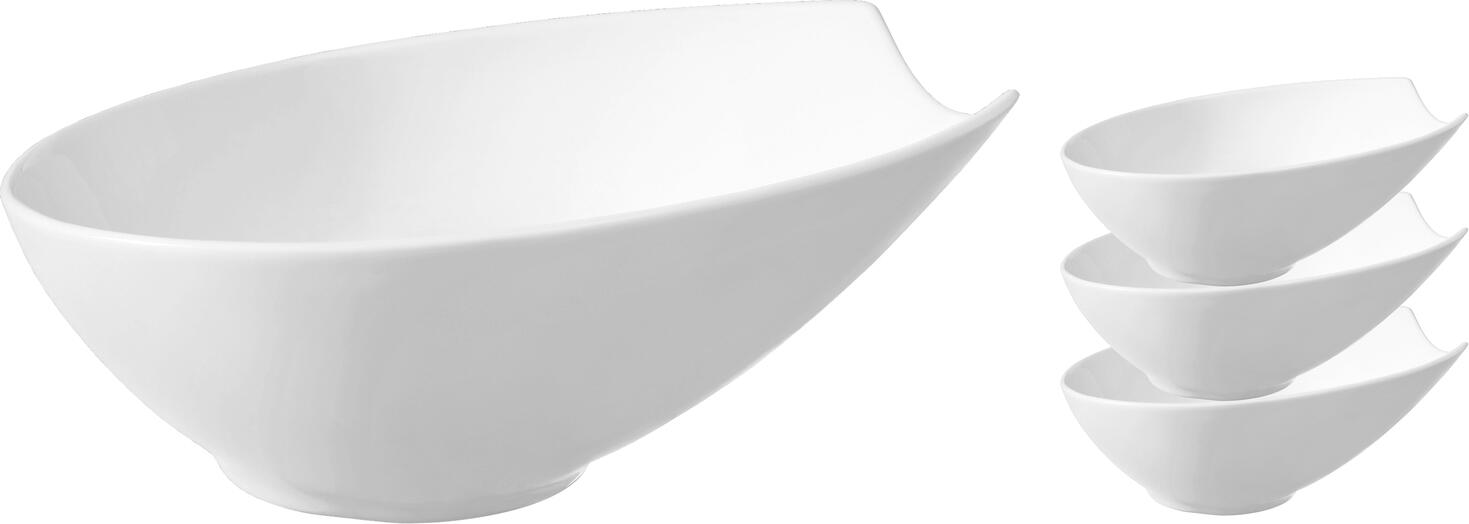 Set de 4 boluri ovale din porțelan Vega Contrast, culoare albă, 900 ml, 20.5 x 18.5 x 9 cm, rezistente la mașina de spălat vase și cuptor cu microunde