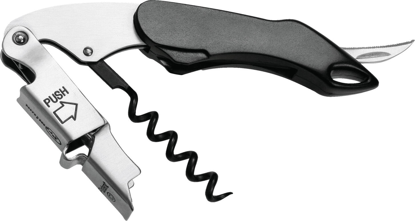 VEGA LUSINI Solutions GmbH Waiter's knife Jubba Kellnermesser Jubba Waiter's knife Jubba; 12 cm (L); black Kellnermesser Jubba; 12 cm (L); schwarz Stainless steel waiter's knife with plastic handle. Double lever push function. Kellnermesser aus Edelstahl mit Kunststoffgriff. Doppelhebel-Push-Funktion.