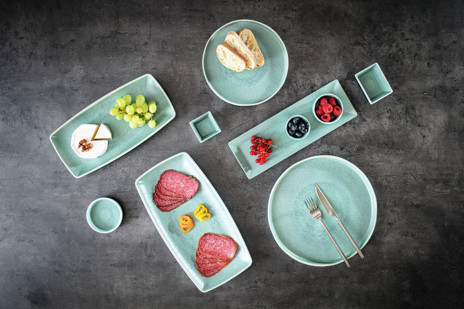 VEGA Torto Rectangular Serving Platter Set of 6, Melamine, Turquoise Blue, 29.4 x 14.3 x 2.7 cm, Impact Resistant, Dishwasher Safe
