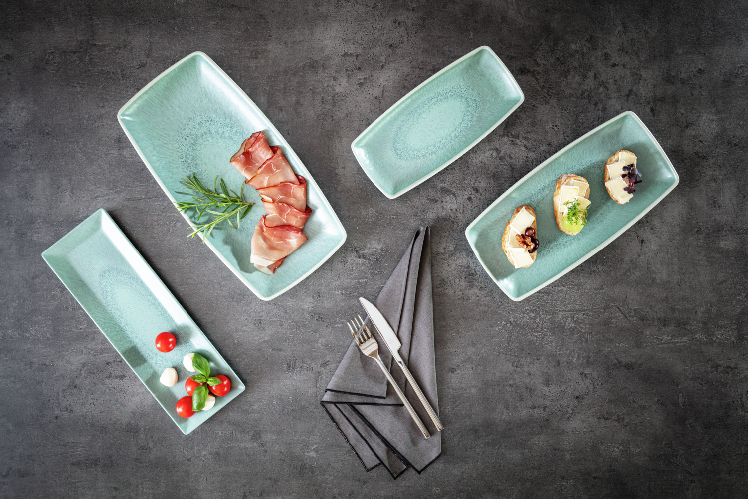 VEGA Torto Rectangular Serving Platter Set of 6, Melamine, Turquoise Blue, 33.1x16.8x3.2 cm, Impact Resistant, Dishwasher Safe