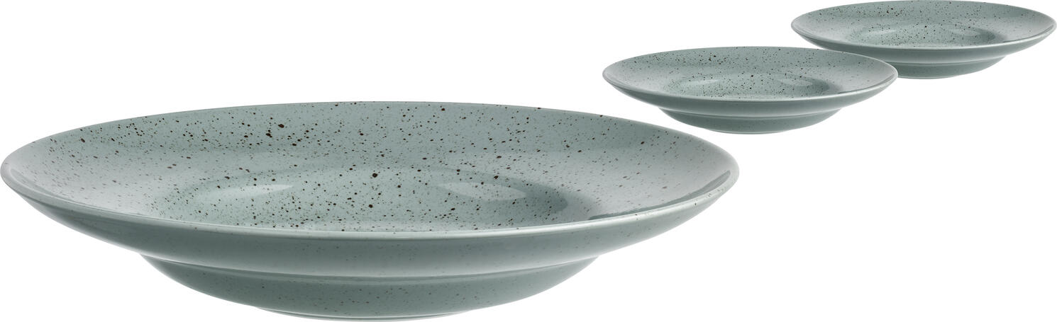 VEGA LUSINI Solutions GmbH Pasta plate Alessia Pastateller Alessia Pasta plate Alessia; 400 ml, 29.5x5.7 cm (ØxH); turquoise; round; 3 piece / pack Pastateller Alessia; 400 ml, 29.5x5.7 cm (ØxH); türkis; rund; 3 Stück / Pack Colored pasta plates with wide flag made of porcelain with irregular speckles. Dishwasher safe and microwaveable. Farbige Pastateller mit breiter Fahne aus Porzellan mit unregelmäßigen Sprenkeln. Spülmaschinenfest und mikrowellengeeignet.