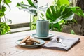 Farfurii pentru supa si combinat VEGA Alessia din porțelan colorat Turcoaz, design cu pete irregulare, diametru 15.5 cm, rezistente la masina de spalat vase si cuptor cu microunde, set de 6 piese