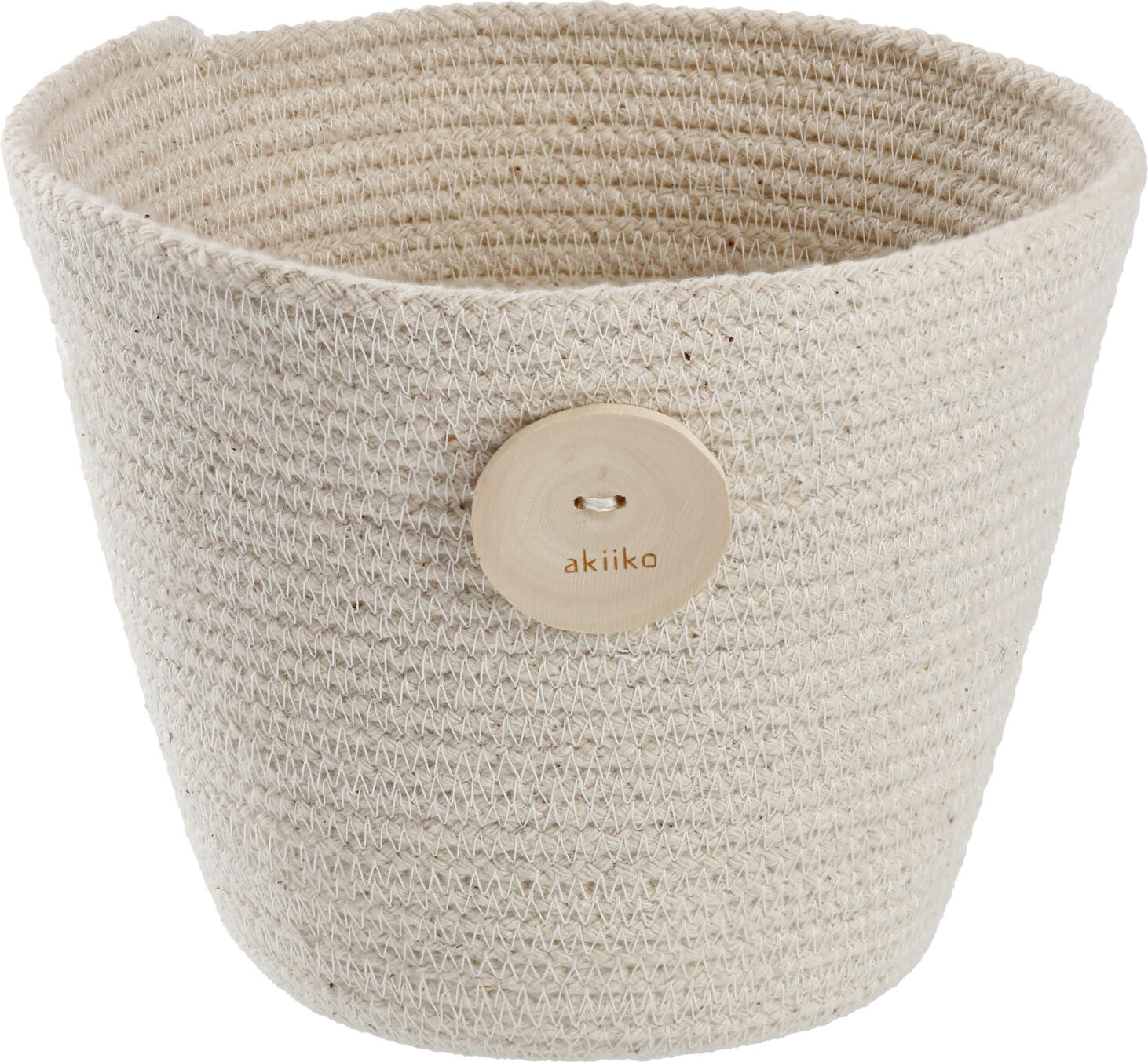Cos Decorativ Rotund din Bumbac Akiiko Ekil, Alb Crem, Diametru 20 cm x Inaltime 15 cm, cu Detaliu Buton din Lemn, pentru Ghiveci sau Depozitare