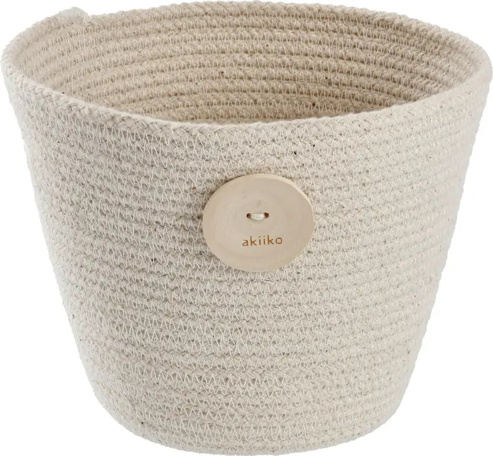 Cos Decorativ Rotund din Bumbac Akiiko Ekil, Alb Crem, Diametru 20 cm x Inaltime 15 cm, cu Detaliu Buton din Lemn, pentru Ghiveci sau Depozitare