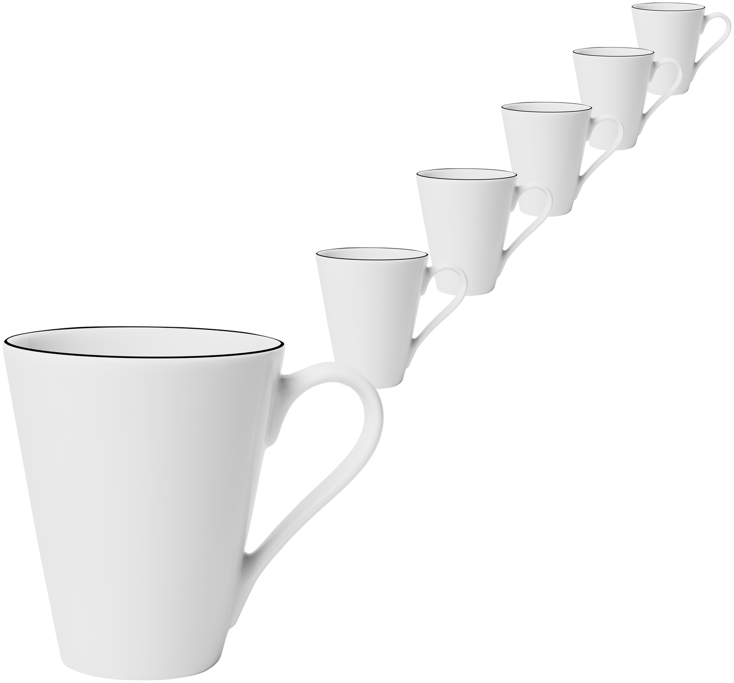 Set de 6 cești de cafea Vega Bellino, 280ml din porțelan alb cu margine neagră, pictate manual, sigure pentru cuptorul cu microunde și mașina de spălat vase