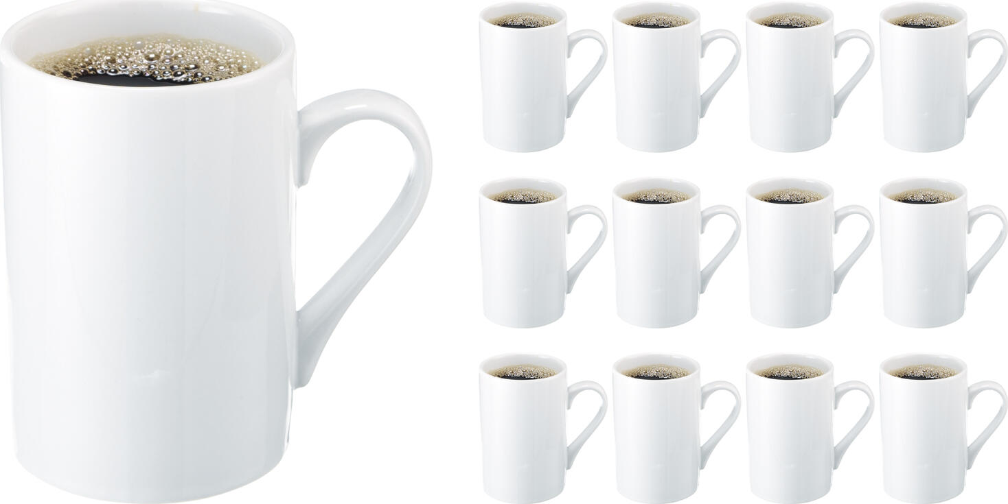LUSINI Sila Coffee Mug Set of 12, 300 ml Hotel Porcelain, White Round Mugs with Handle, Dishwasher and Microwave Safe, Stackable
