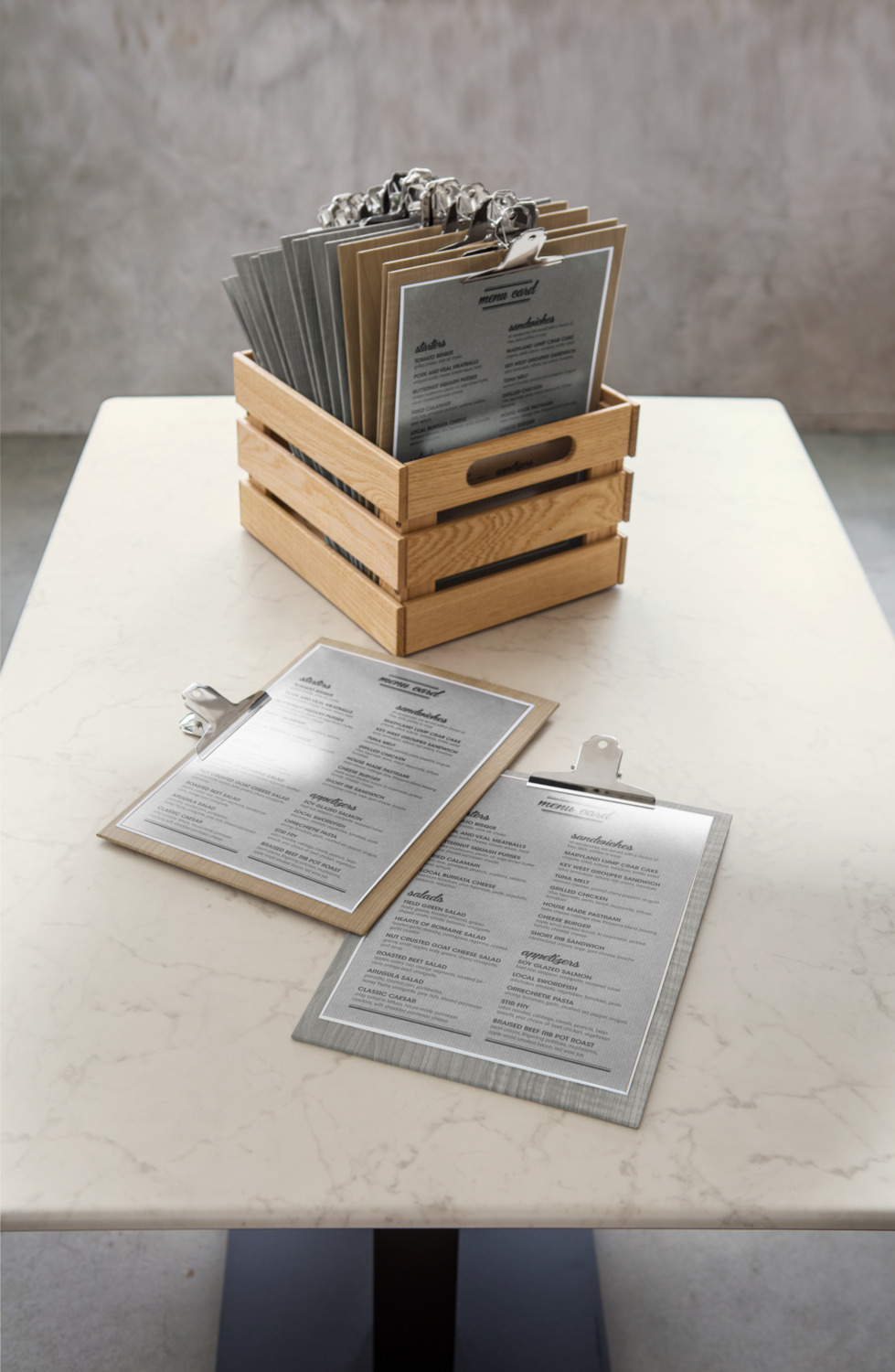 LUSINI Lenio Menu Clipboard A4 23 x 32 cm Cellophane Coated Cardboard Wood Look Grey Metal Clamp
