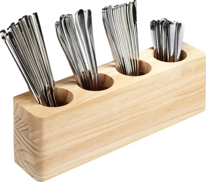 PULSIVA Cymbal Cutlery Tray, Pine Wood, Food-Safe Lacquered, Natural Beige, 35 x 8 x 10 cm, 4 Cut-outs