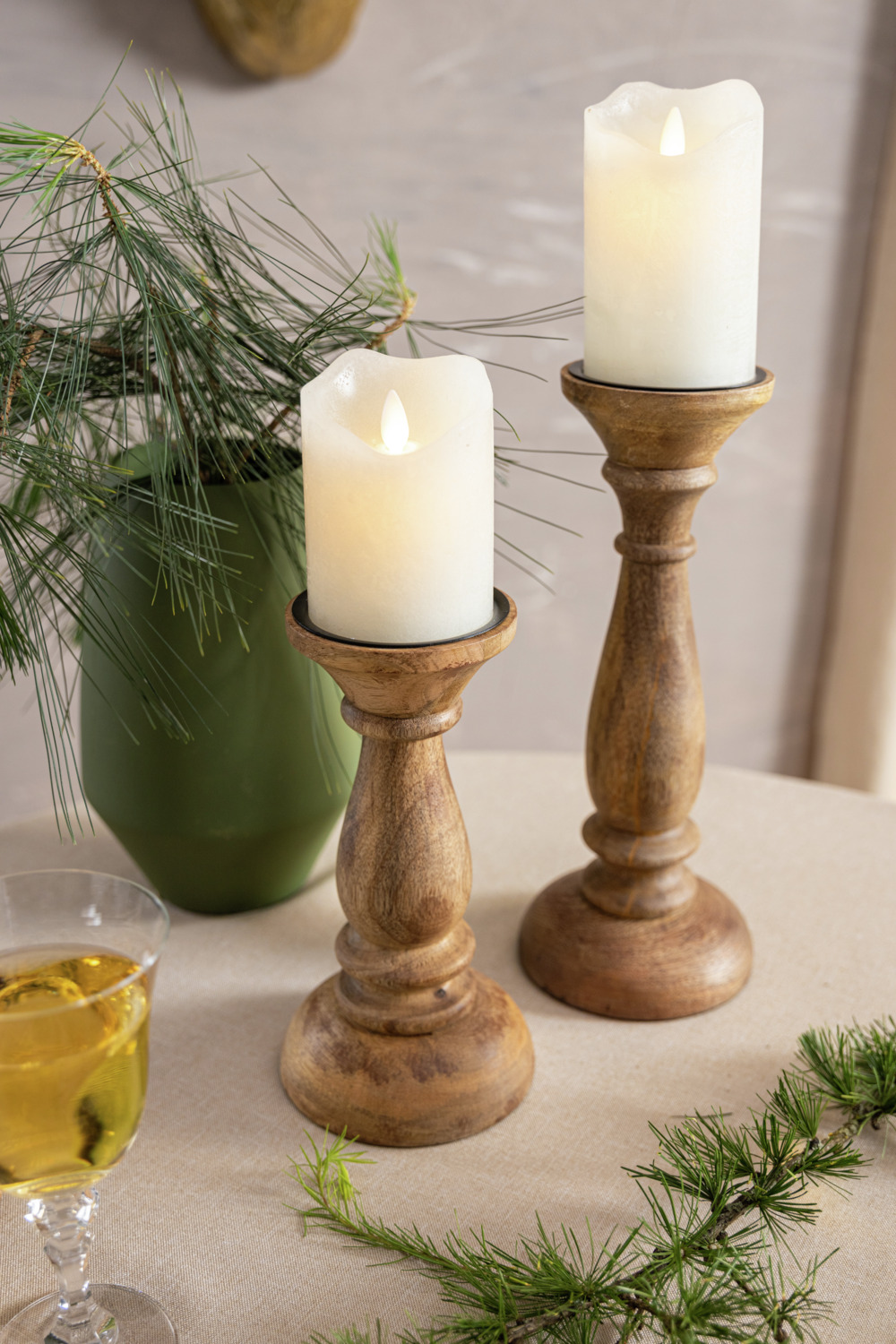 Vega Maris Pillar Candle Holder, Natural Mango Wood, Brown, 12 cm Diameter x 23 cm Height, with Black Metal Insert