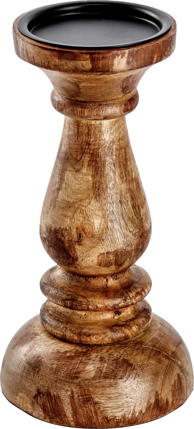 Vega Maris Pillar Candle Holder, Natural Mango Wood, Brown, 12 cm Diameter x 23 cm Height, with Black Metal Insert