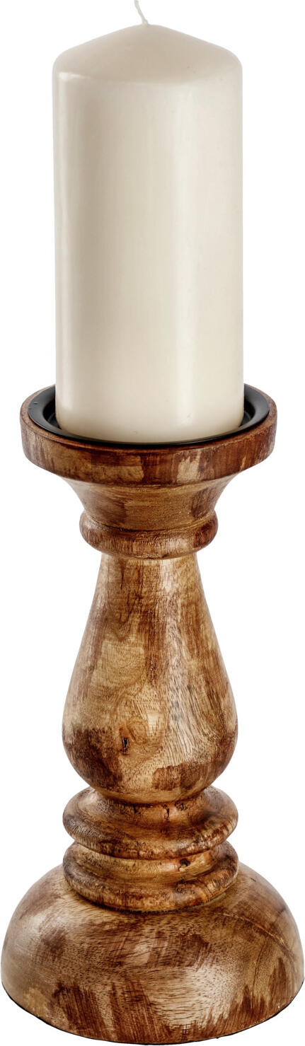 Vega Maris Pillar Candle Holder, Natural Mango Wood, Brown, 12 cm Diameter x 23 cm Height, with Black Metal Insert