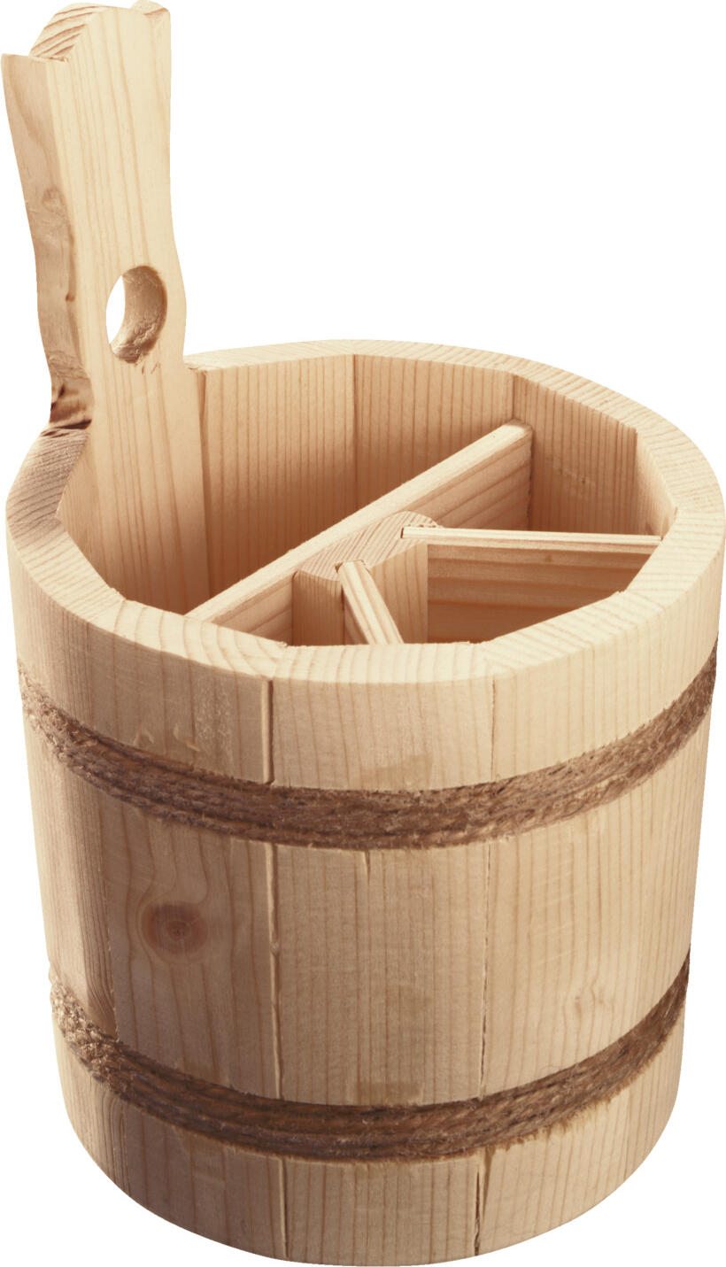 Tava pentru tacuturi Pulsiva Alla, lemn de pin natural, stil butoi cu benzi de sfoara si maner, 4 compartimente, 16x14 cm