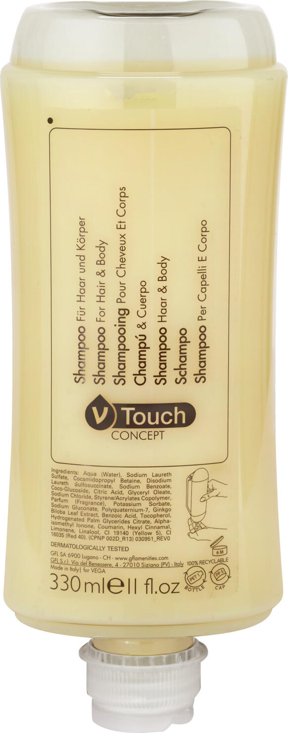 V-Touch LUSINI Solutions GmbH Hotel shampoo and shower gel Concept in dispenser system Hotel Shampoo und Duschgel Concept im Spendersystem Hotel shampoo and shower gel Concept in dispenser system; 330 ml; yellow; 24 piece / pack Hotel Shampoo und Duschgel Concept im Spendersystem; 330 ml; gelb; 24 Stück / Pack The fresh, fruity two-in-one shampoo and shower gel V-Touch Concept cleanses and cares for the skin of the whole body as well as the hair quickly and comprehensively. The liquid shampoo and shower gel in the useful dispenser bottle is easy to remove and exudes a pleasant fragrance. It contains high-quality ginkgo biloba extract and cleanses all hair and skin types gently and thoroughly. Dermatologically tested. The dispenser bottle is made from 100% recycled material and is simply hung into the dispenser. It is removed by pressing lightly on the bottle. The dispenser bottle is also environmentally friendly and can be recycled after use. Dispenser bottle capacity: 330 ml. Order matching holder separately. Das frisch fruchtige zwei-in-eins Shampoo und Duschgel V-Touch Concept reinigt und pflegt sowohl die Haut des ganzen Körpers als auch die Haare schnell und umfassend. Das flüssige Shampoo und Duschgel in der nützlichen Spenderflasche ist einfach zu entnehmen und verströmt einen angenehmen Duft. Es enthält hochwertiges Ginkgo-Biloba Extrakt und reinigt jeden Haar- und Hauttyp schonend und gründlich. Dermatologisch getestet. Die Spenderflasche ist aus 100 % recyceltem Material und wird in den Spender einfach eingehängt. Die Entnahme erfolgt durch leichten Druck auf die Flasche. Dazu ist die Spenderflasche umweltschonend und kann nach Gebrauch recycelt werden. Spenderflasche Inhalt: 330 ml. Passende Halterung separat dazu bestellen.