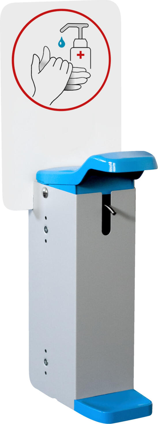 PULSIVA LUSINI Solutions GmbH Disinfectant elbow dispenser Tahoe Desinfektionsmittel-Ellenbogenspender Tahoe Disinfectant elbow dispenser Tahoe; 1 l, 10x57x21 cm (WxHxD); silver/blue Desinfektionsmittel-Ellenbogenspender Tahoe; 1 l, 10x57x21 cm (BxHxT); silber/blau For wall mounting - can be used anywhere. The integrated panel ensures additional attention. The dispenser is made of high quality steel and painted. Mounting material not included.  Suitable for indoor and protected outdoor areas. Zuverlässiger Desinfektionsmittel-Ellenbogenspender aus hochwertigem, lackiertem Stahl mit integriertem Panel aus PVC. Zur Wandhalterung - überall einsetzbar. Das integrierte Panel sorgt für zusätzliche Aufmerksamkeit. Im Gehäuse ist ein Behälter zum einfachen Auffüllen des Desinfektionsmittels. Für den Innen- und geschützten Außenbereich geeignet. Befestigungsmaterial nicht enthalten.