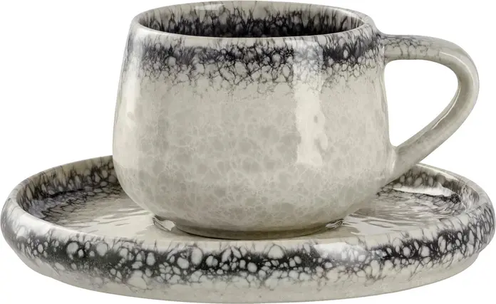 Farfurii pentru espresso Vega Nagoya, Set de 6 piese, Porțelan cu glazură reactivă, Alb/Gri, 12.5x1.5 cm, Compatibile cu mașina de spălat vase și cuptorul cu microunde