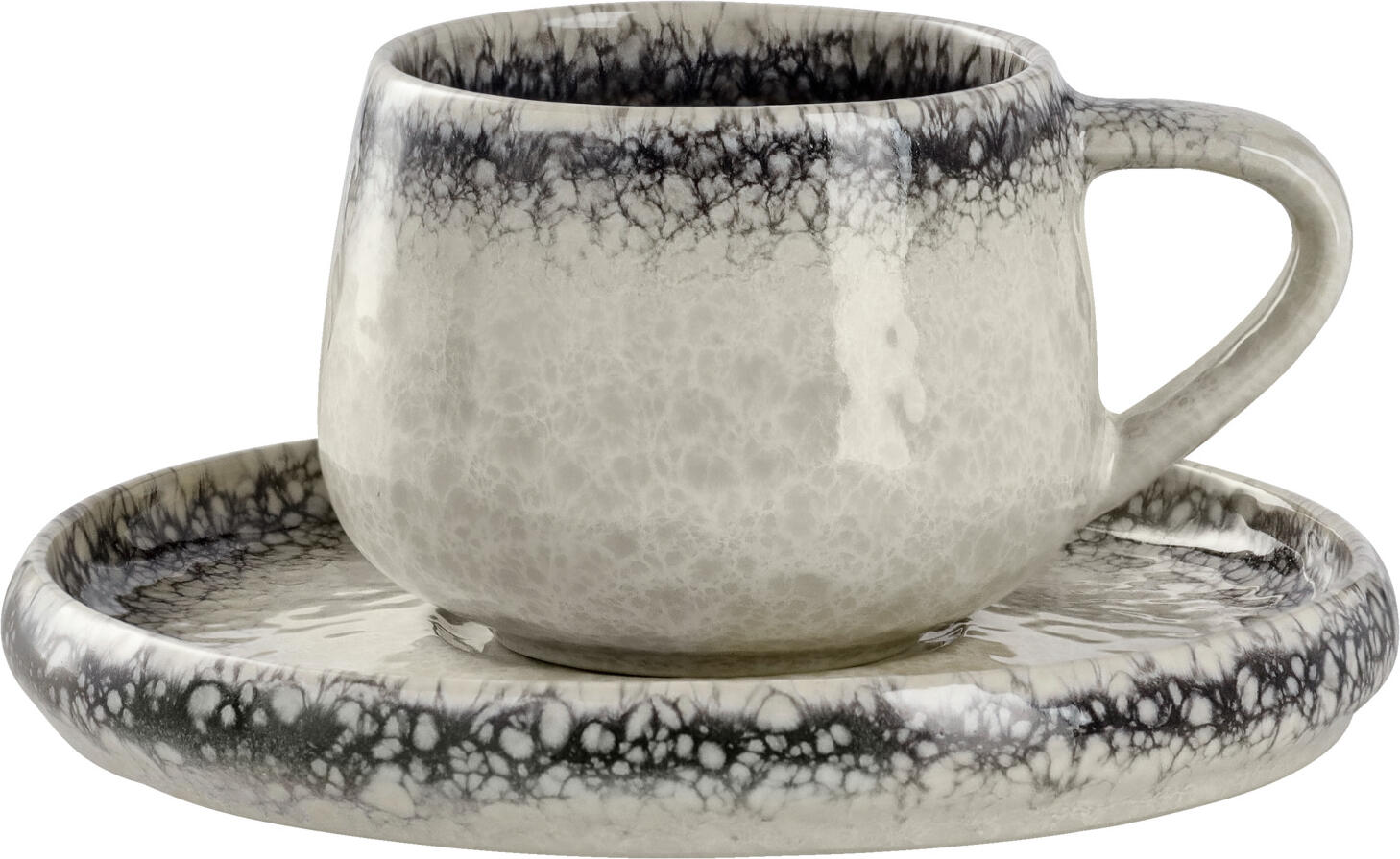 Farfurii pentru espresso Vega Nagoya, Set de 6 piese, Porțelan cu glazură reactivă, Alb/Gri, 12.5x1.5 cm, Compatibile cu mașina de spălat vase și cuptorul cu microunde