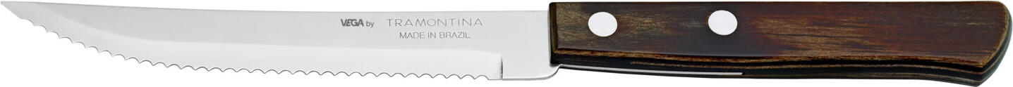VEGA LUSINI Solutions GmbH Pizza/steak knife Picanha Pizza-/Steakmesser Picanha Pizza/steak knife Picanha; 21.5 cm (L); silver, handle brown; 12 piece / pack Pizza-/Steakmesser Picanha; 21.5 cm (L); silber, Griff braun; 12 Stück / Pack Stainless steel 13/0, rustproof. Polywood handle. Pizza/steak knife in the familiar Tramontina design. Hard cutting blade with durable handles with stainless steel rivets. The polywood handles are made of several layers of pine wood, impregnated with resin and then pressed into shape. Suitable for dishwasher. Chrom-Edelstahl 13/0, rostfrei. Griff aus Polywood. Pizza-/Steakmesser in bekanntem Tramontina Design. Harte Schneideklinge mit langlebigen Griffen mit Edelstahlnieten. Die aus Polywood gefertigten Griffe bestehen aus mehreren Schichten Kiefernholz, die mit Harz imprägniert und danach in Form gepresst werden. Spülmaschinengeeignet.
