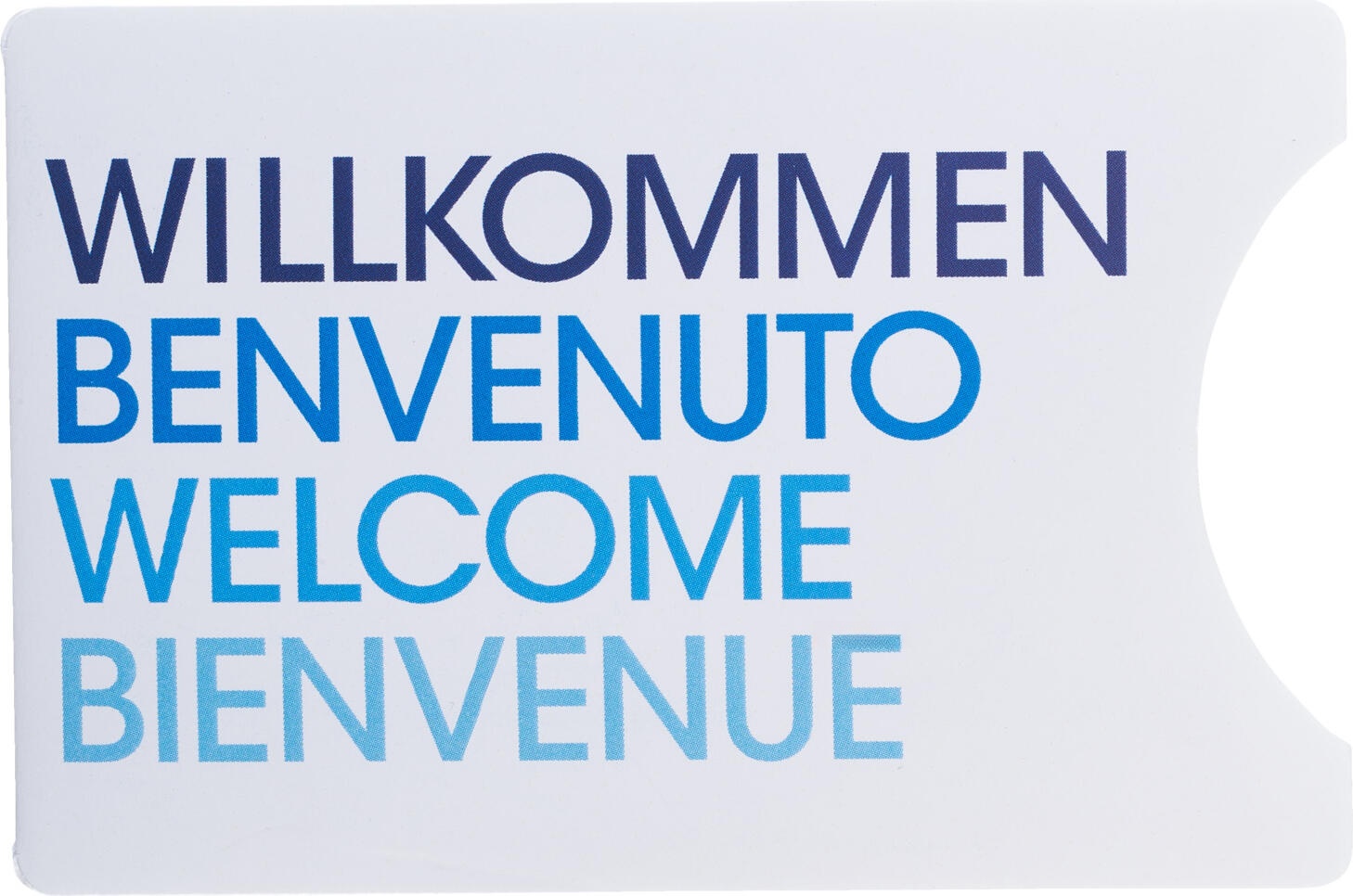 PULSIVA LUSINI Solutions GmbH Hotel key card holder Welcome sliding card Hotel-Schlüsselkarten-Hülle Welcome Schubkarte Hotel key card holder Welcome sliding card; 9x6 cm (LxW); white/blue; 100 piece / pack Hotel-Schlüsselkarten-Hülle Welcome Schubkarte; 9x6 cm (LxB); weiß/blau; 100 Stück / Pack The key card cover is made of cardboard. With "Welcome" design in four languages. The back can be labeled. Die Schlüsselkarten-Hülle besteht aus Bilderdruckkarton. Mit Design "Willkommen" in vier Sprachen. Die Rückseite kann beschriftet werden.