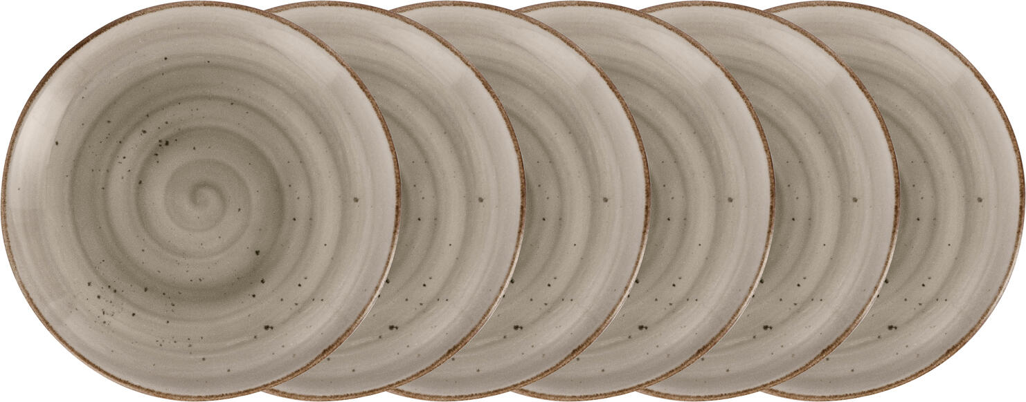Set de 6 farfurii plate Vega Nebro, porțelan premium, diametru 20 cm, gri cu design rustic, fără margine, rezistente la mașina de spălat vase și cuptor cu microunde