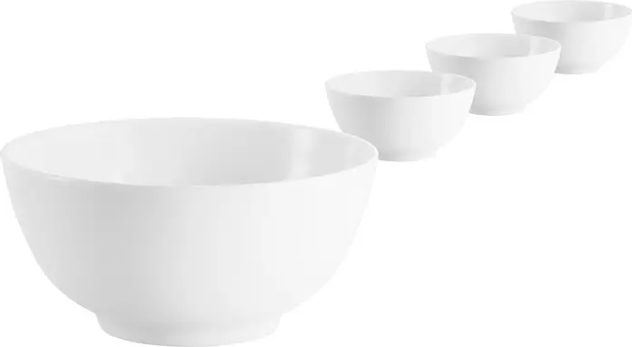 Set de 4 boluri pentru muesli VEGA Wayne, melamină albă, 730 ml, diametru 14.8 cm, rezistente la impact si spargere, safe la masina de spalat vase