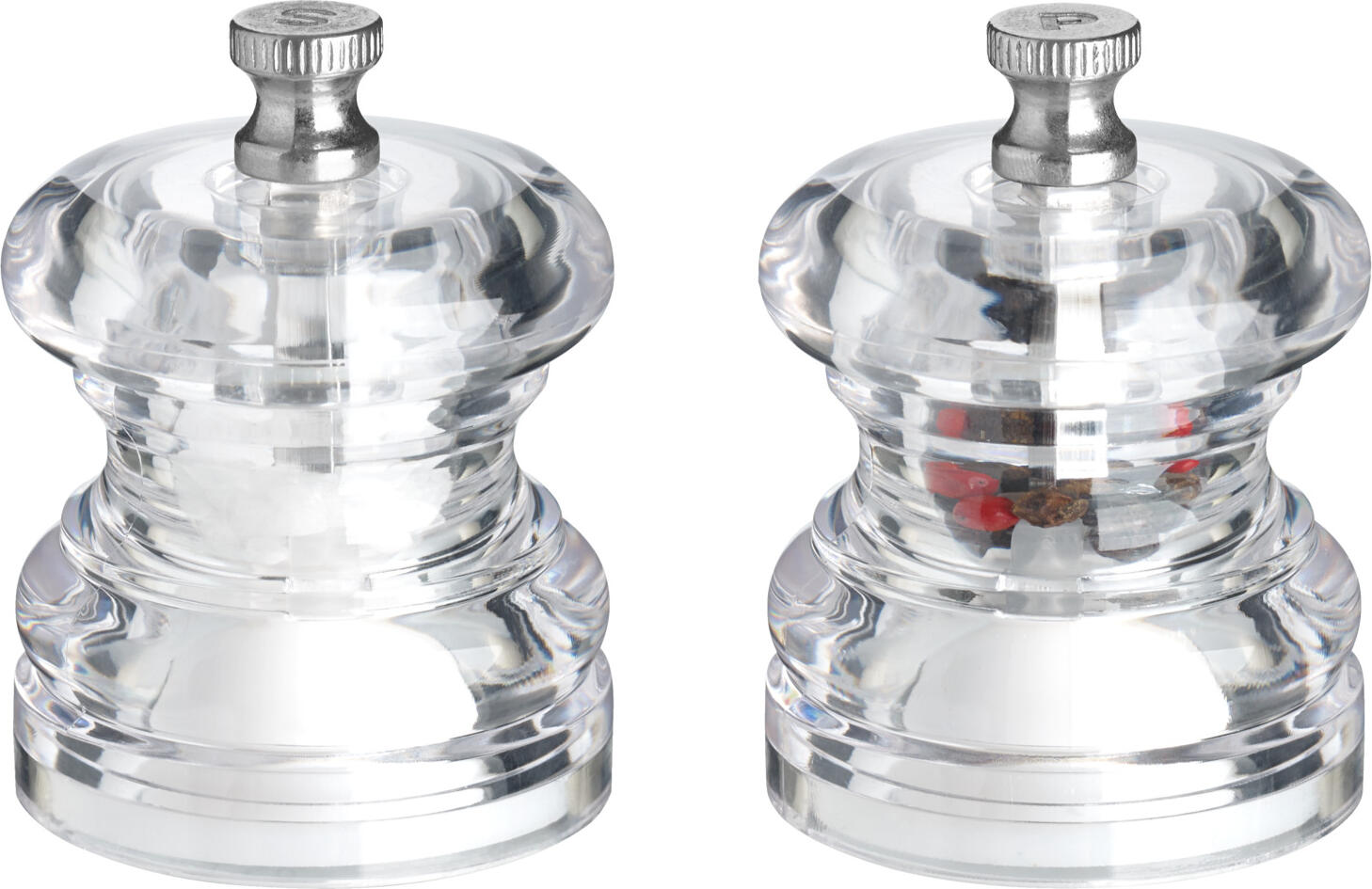 Set de 2 piese rasnitze pentru sare si piper VEGA Walker round, rasnita din ceramica, corp din sticla acrilica transparenta, 4.2x6.5 cm