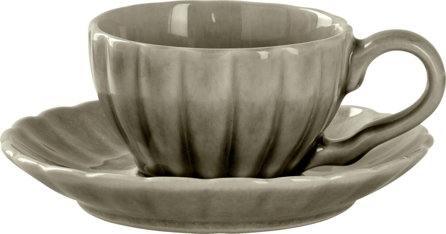 Farfurii pentru espresso Vega Flora, Set de 6 piese, Porțelan gri, Design rotund floral, 12.5x2.1 cm, Compatibile cu mașina de spălat vase și cuptorul cu microunde