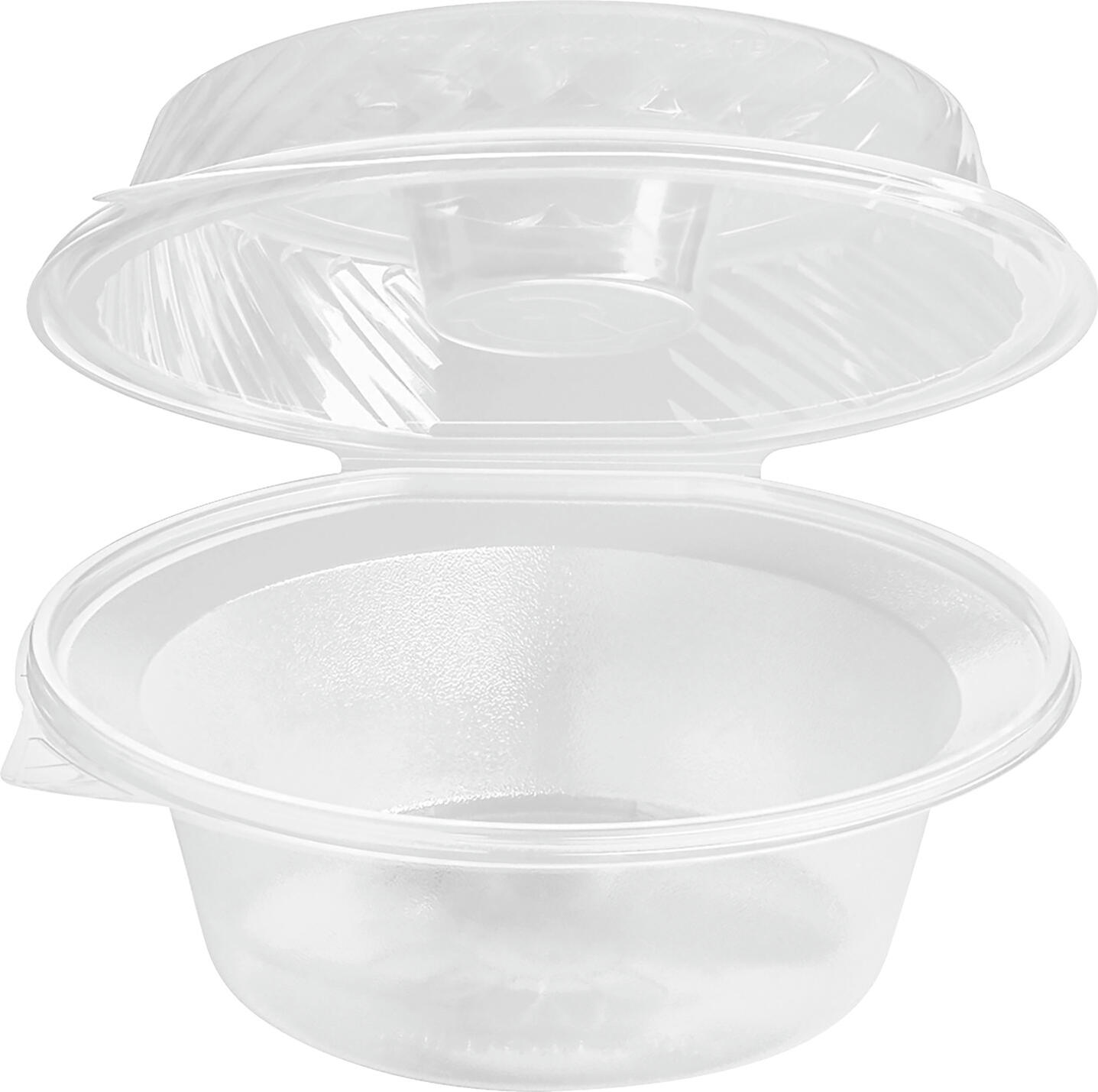 Boluri de plastic de unica folosinta WIMEX pentru salata cu compartiment pentru sos in capacul dom, 2100ml, diametru 21.5cm, transparente, set de 25 piese