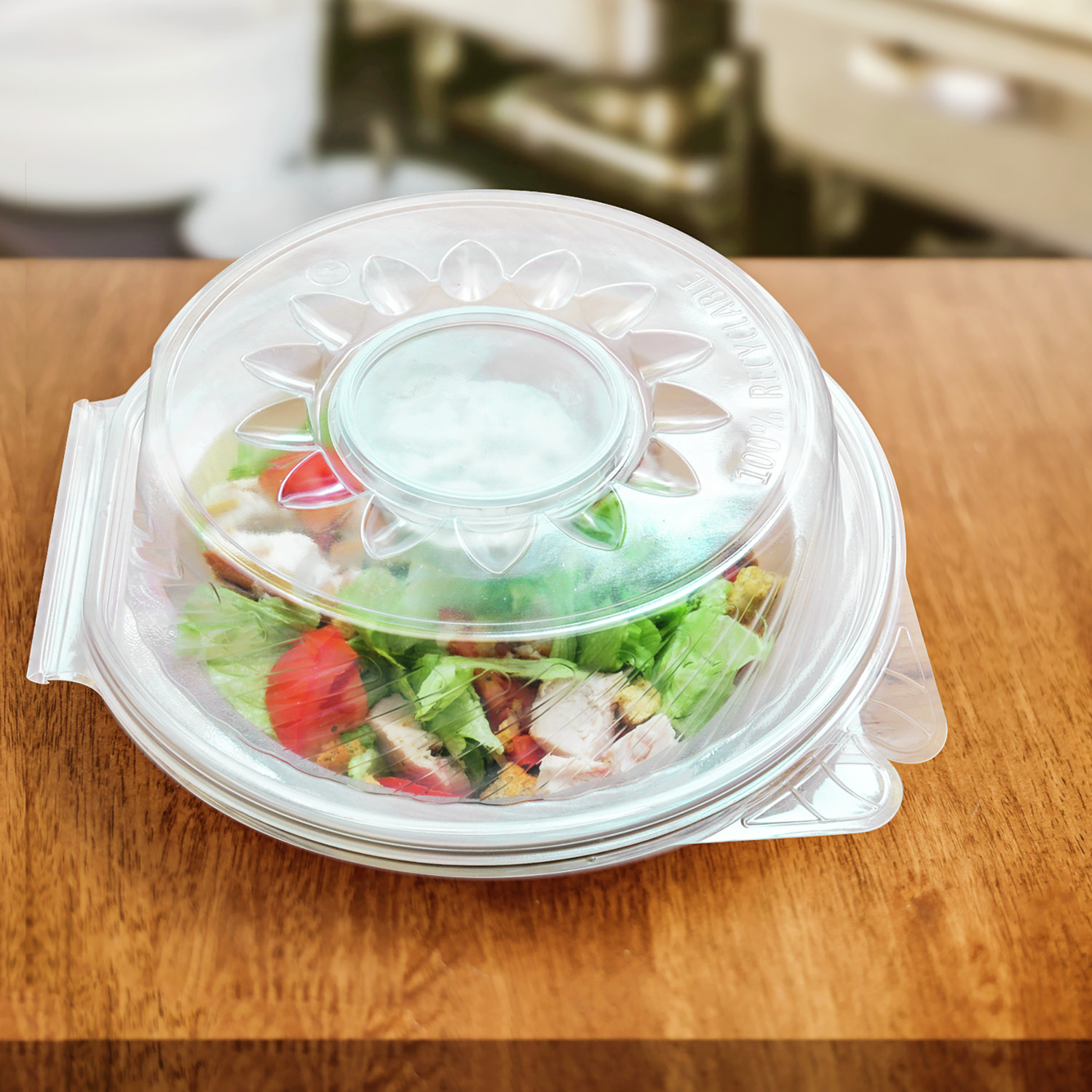 Boluri de plastic de unica folosinta WIMEX pentru salata cu compartiment pentru sos in capacul dom, 2100ml, diametru 21.5cm, transparente, set de 25 piese