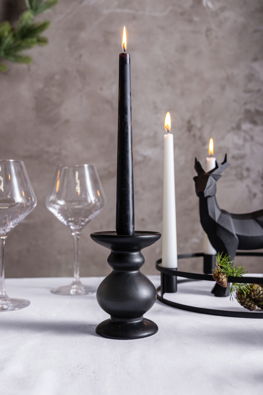 Vega Olea 2in1 Candle Holder, Matt Glazed Ceramic for Pillar and Taper Candles, Black, 8.6x11.8 cm