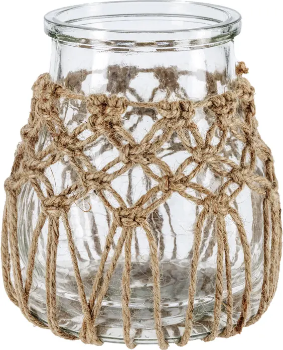 Vega Lantern Anka Bohemian Style Glass Windlight with Macrame Textile Details, 17.3x20 cm, Transparent and Natural, Outdoor Use