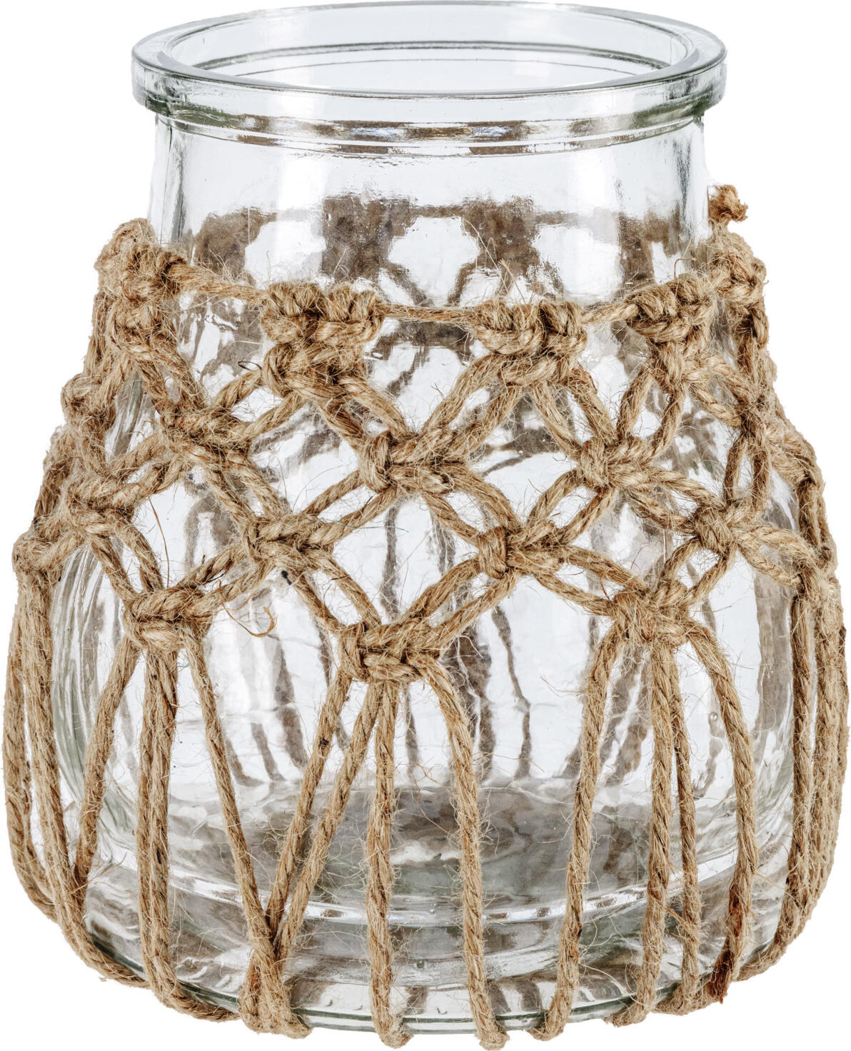 Vega Lantern Anka Bohemian Style Glass Windlight with Macrame Textile Details, 17.3x20 cm, Transparent and Natural, Outdoor Use