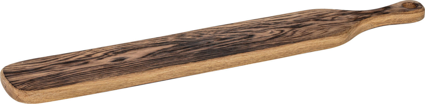 Platou de servire Vega Burno, din lemn de stejar masiv cu finisaj ars, uleiat, dreptunghiular 65x10x2 cm, cu maner si gaura de agatare, maro