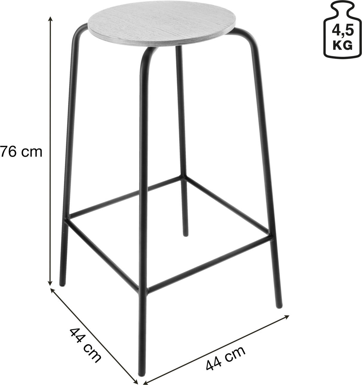 Set de 2 scaune de bar PULSIVA Sky, scaun din placaj modelat cu furnir de stejar, cadru din otel vopsit electrostatic negru, 44x44x76 cm, sarcina max 150 kg