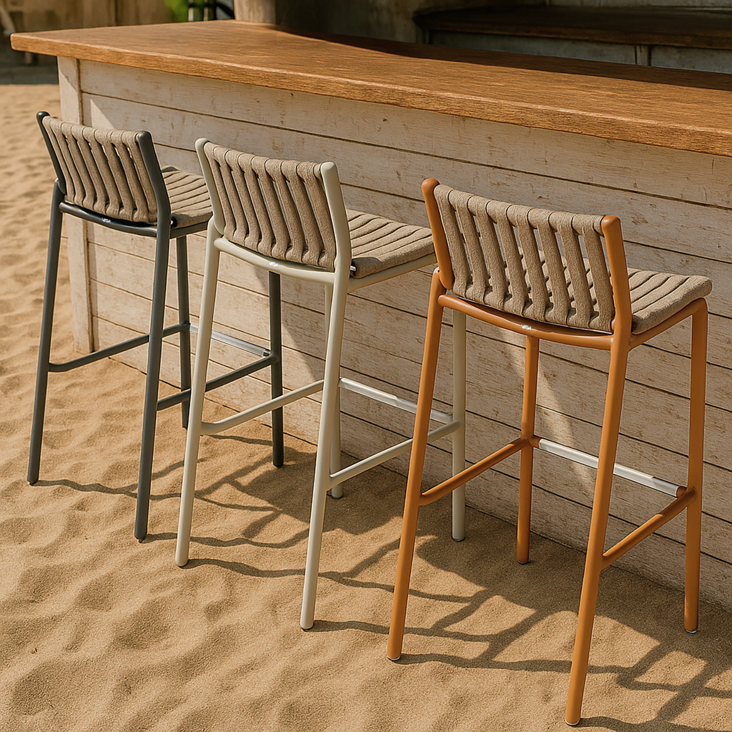VEGA Lumaro Outdoor Bar Chair Set of 2, Powder-Coated Aluminium Frame, Quick-Drying Rope Wicker, Stackable Gastro Bar Stool, 42x42x90 cm