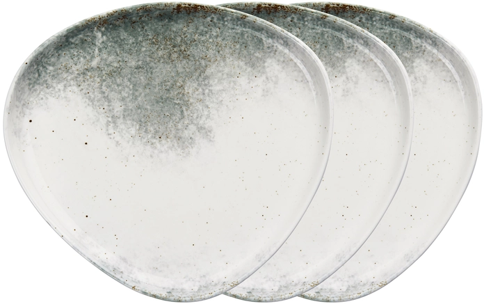 VEGA Purior Porcelain Flat Plate Set of 3, Rectangular Organic Shape, 31x29x3.7 cm, White/Teal, Hand-painted, Dishwasher and Microwave Safe