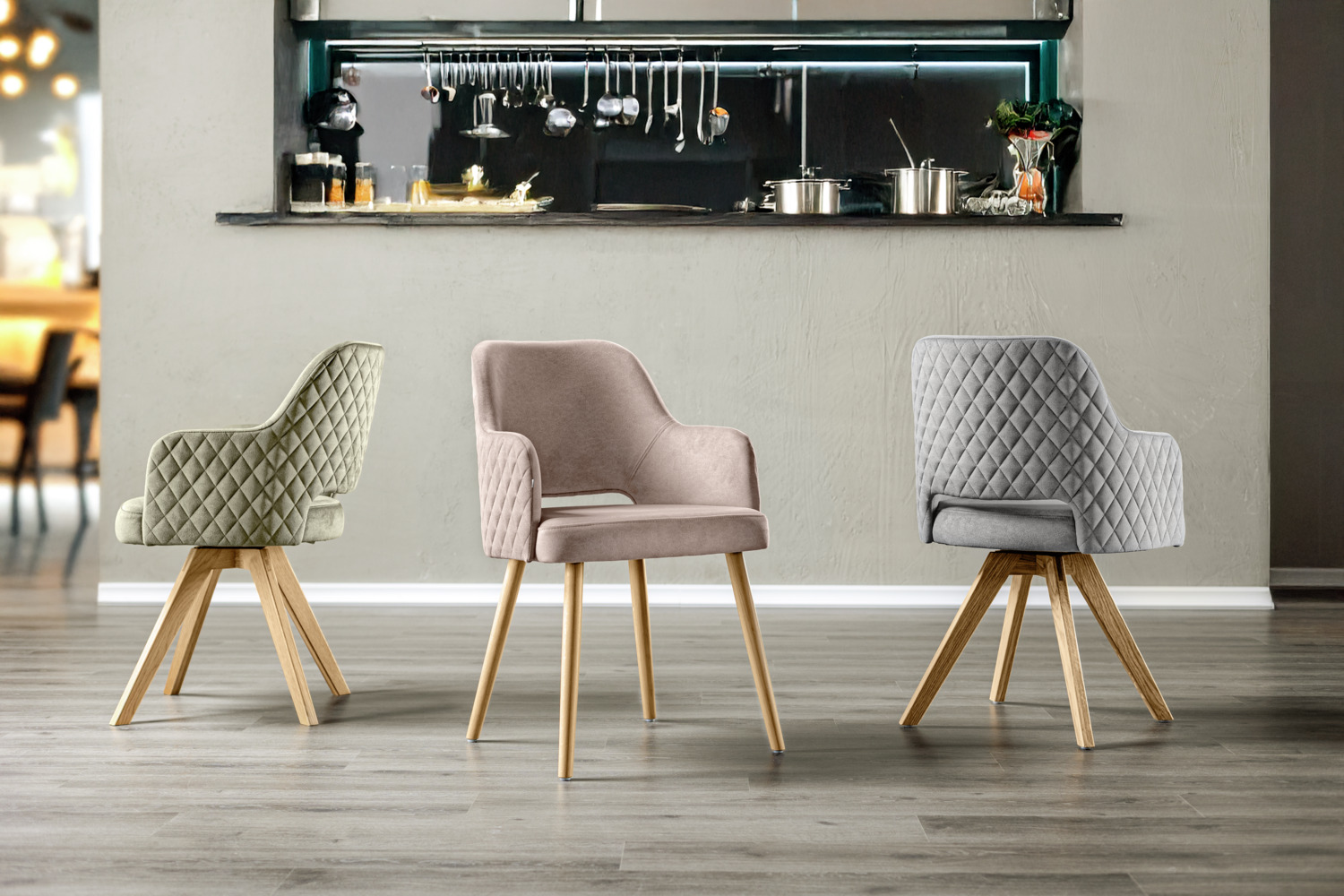 VEGA Rombo Velvet Chair, Oak Wood Frame, Diamond-Pattern Quilting, Grey Polyester Upholstery, 46x47x85 cm, Max Load 160 kg