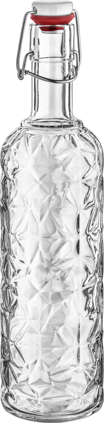 Bormioli Rocco Bormioli Luigi S.p.A. Swing-top bottle Oriente Bügelverschlussflasche Oriente Swing-top bottle Oriente; 1.05 l, 8.5x32 cm (ØxH); transparent; 6 piece / pack Bügelverschlussflasche Oriente; 1.05 l, 8.5x32 cm (ØxH); transparent; 6 Stück / Pack Swing stopper bottle made of solid colored glass and stainless steel stopper. Dishwasher safe. Bügelverschlussflasche aus durchgefärbtem Glas und Verschlussbügel aus Edelstahl. Spülmaschinenfest.